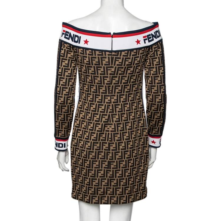 Pre Owned Fendi Brown FF Motif Cotton Logo Trimmed Denuded Shoulder Dress M