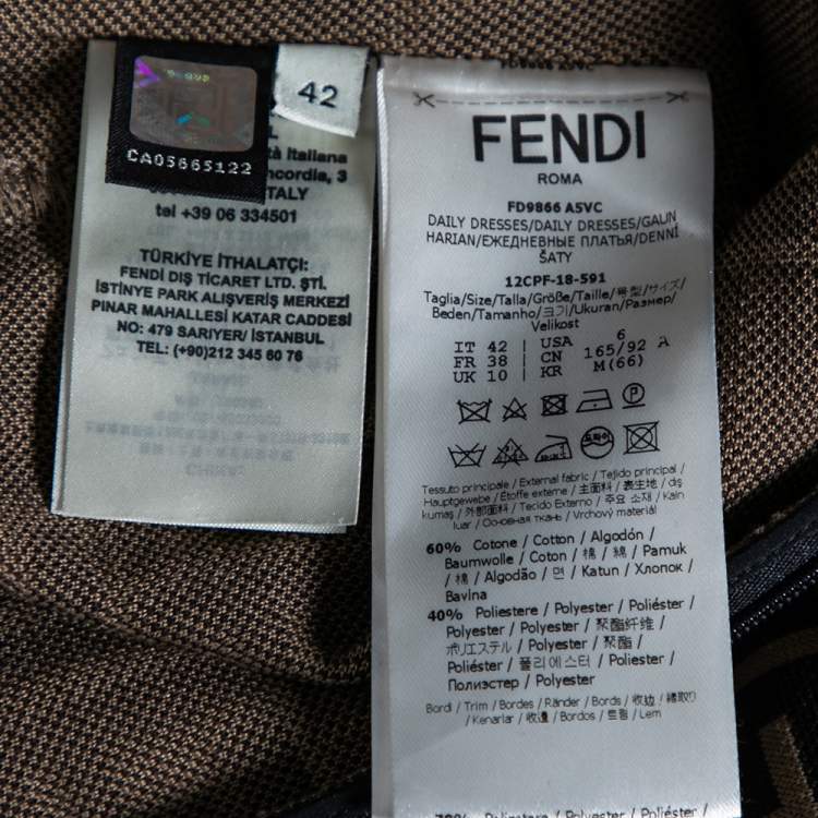 Pre Owned Fendi Brown FF Motif Cotton Logo Trimmed Denuded Shoulder Dress M