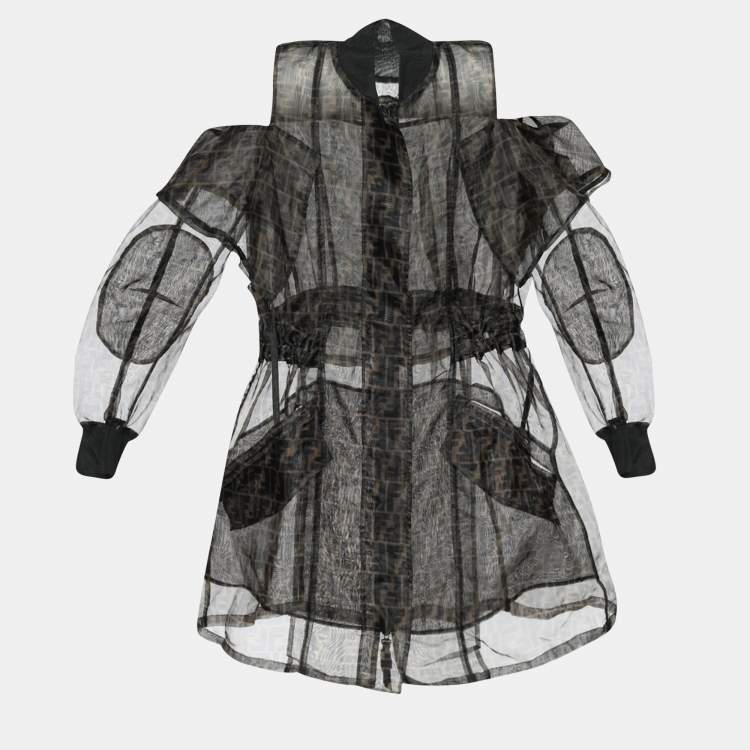 Pre Owned Fendi Tobacco Brown Sheer Zucca Print Cold Shoulder Parka S
