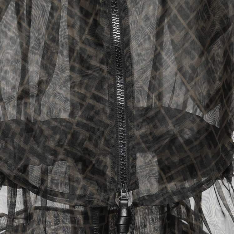 Pre Owned Fendi Tobacco Brown Sheer Zucca Print Cold Shoulder Parka S