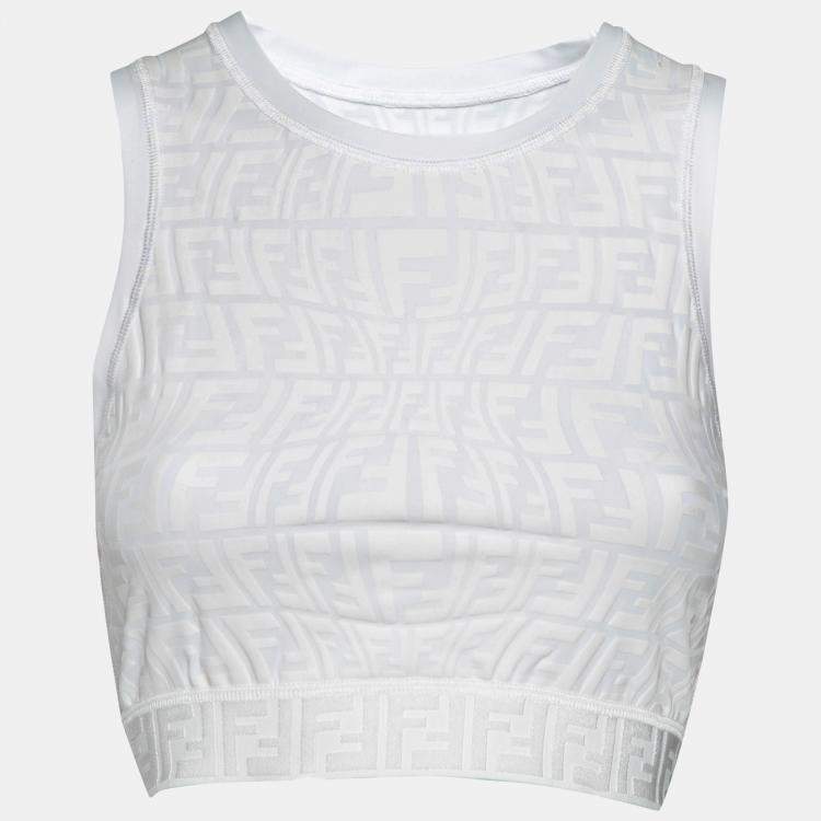 Pre Owned Fendi White Embossed Jersey Sports Bra and Pant Set S
