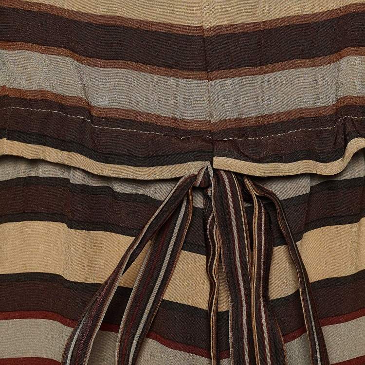 Pre Owned Fendi Beige Striped Silk & Leather Inset Belted Dress S