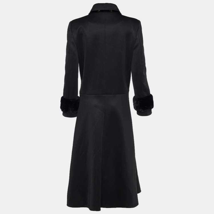 Pre Owned Fendi Black Synthetic Mink Fur Trim Zip Front Long Coat M
