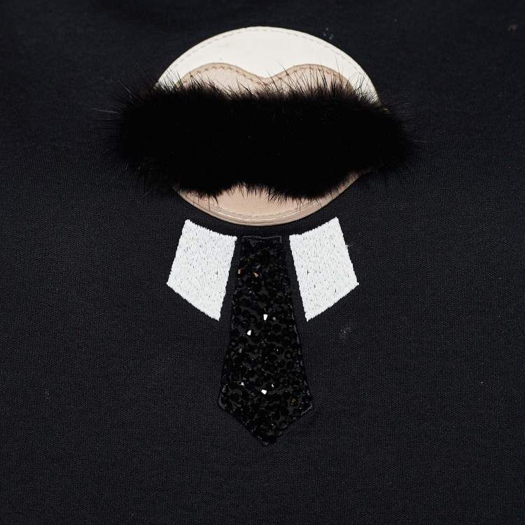 Pre Owned Fendi Black Neoprene Karlito Fur Applique Cropped Jumper M