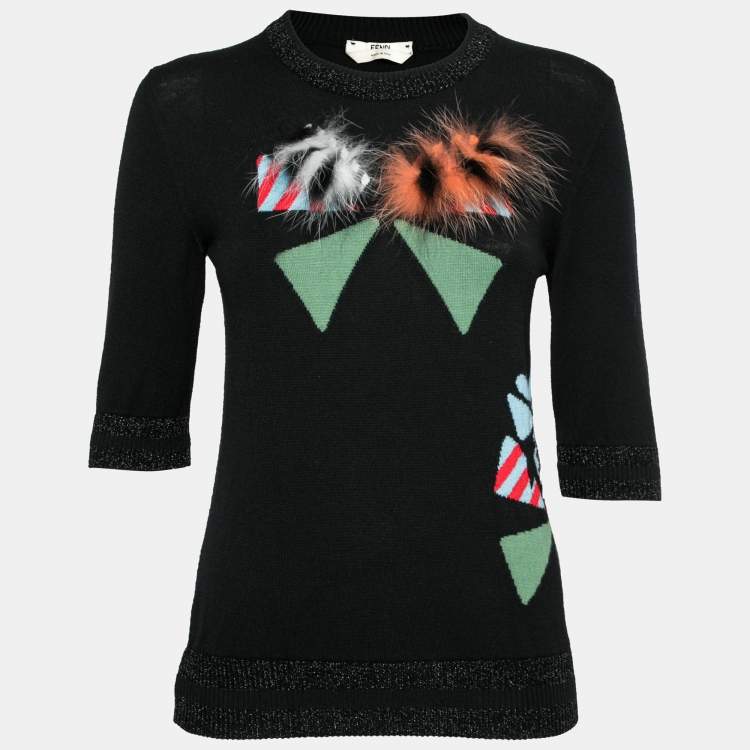 Pre Owned Fendi Black Intarsia Knit Fur Detail Crewneck Sweater S