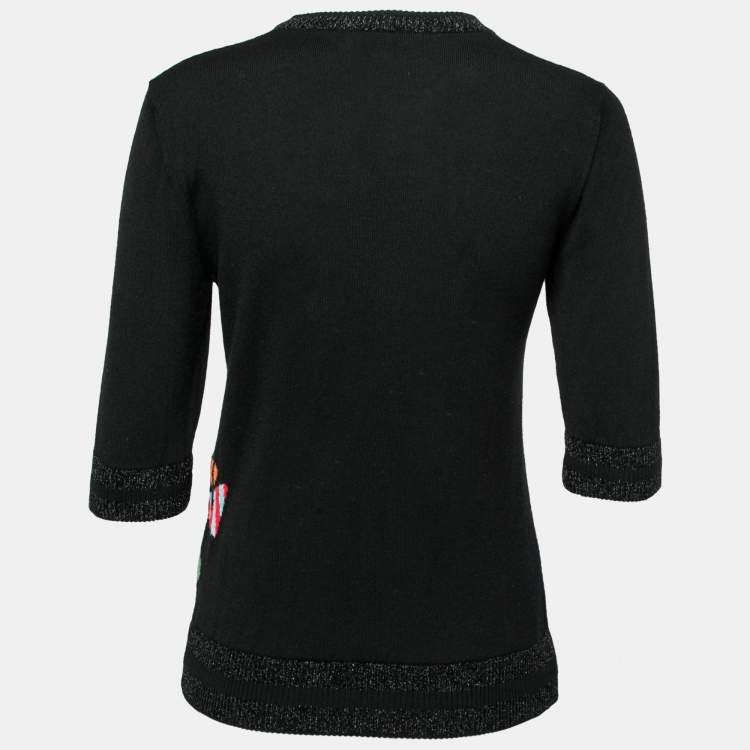 Pre Owned Fendi Black Intarsia Knit Fur Detail Crewneck Sweater S