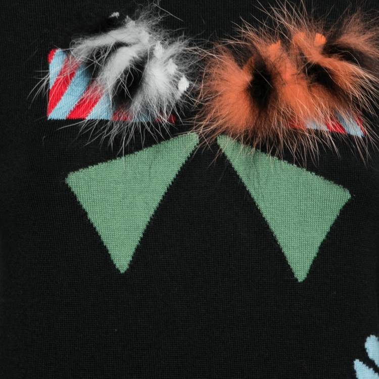 Pre Owned Fendi Black Intarsia Knit Fur Detail Crewneck Sweater S
