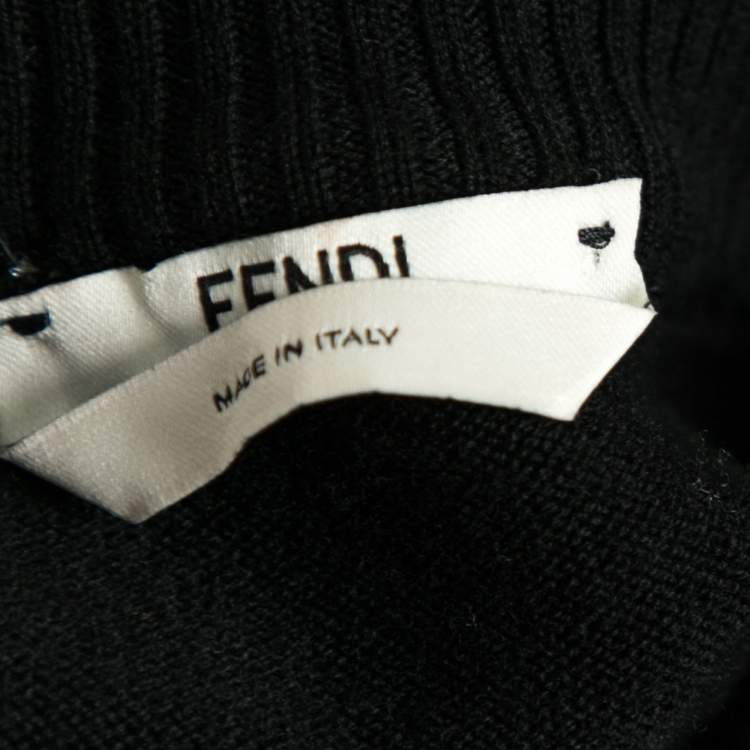 Pre Owned Fendi Black Intarsia Knit Fur Detail Crewneck Sweater S