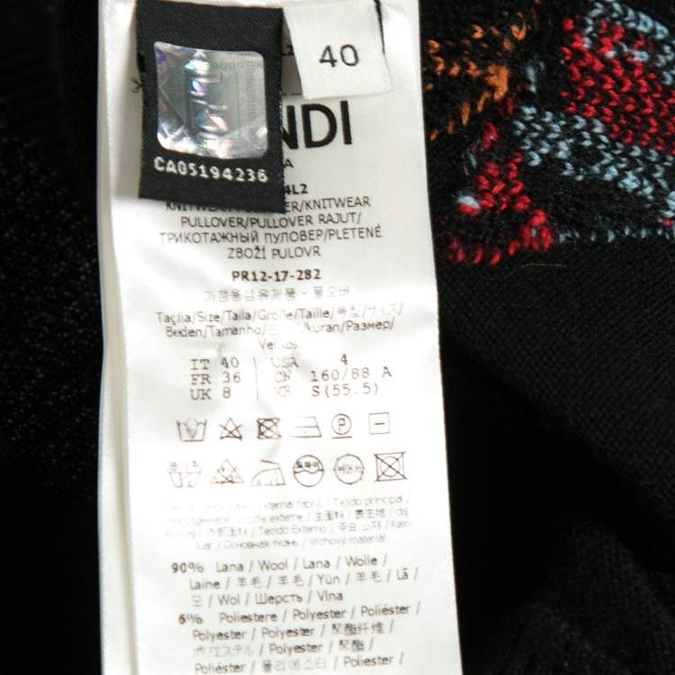 Pre Owned Fendi Black Intarsia Knit Fur Detail Crewneck Sweater S