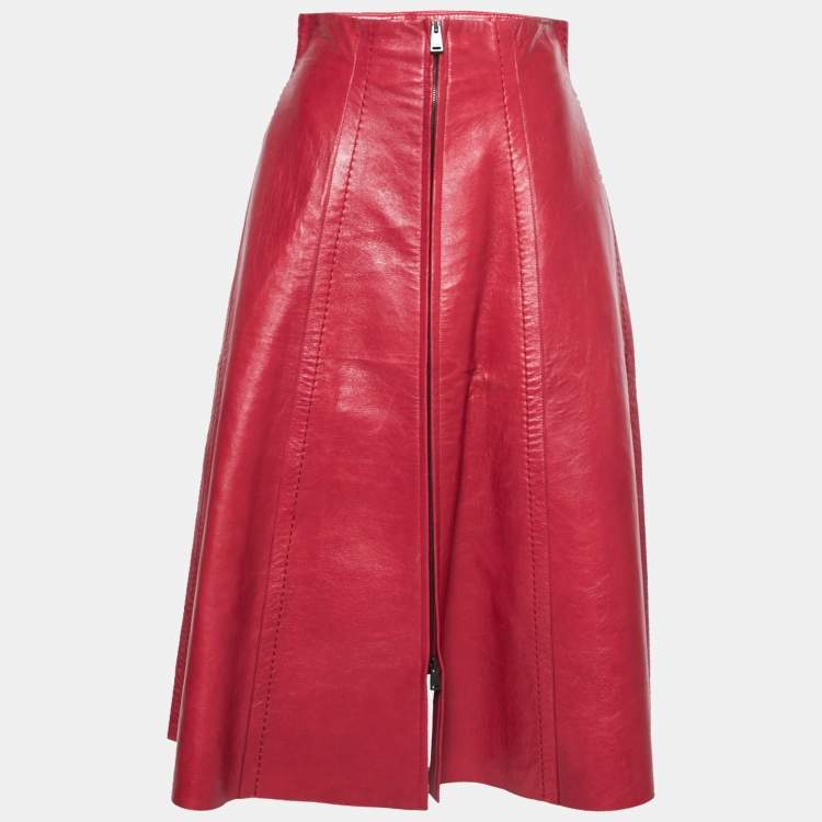 Pre Owned Fendi Red Leather A Line Midi Skirt M