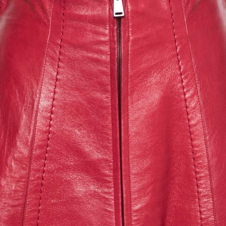 Pre Owned Fendi Red Leather A Line Midi Skirt M