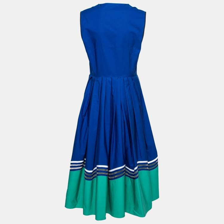 Pre Owned Fendi Blue & Green Paneled Cotton Zip Front Flared Midi Dress M