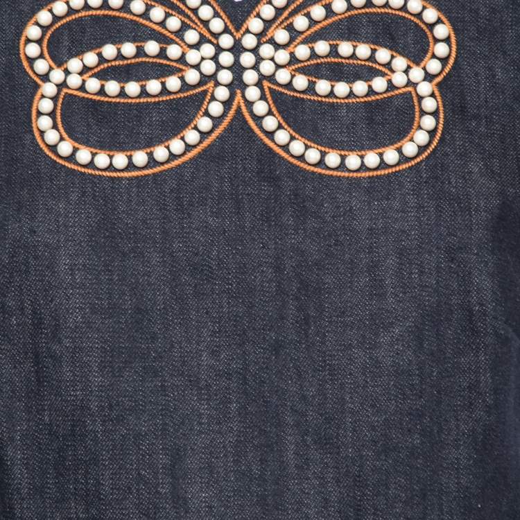 Pre Owned Fendi Blue Denim Bead Embellished Pleated Sleeveless Dress M
