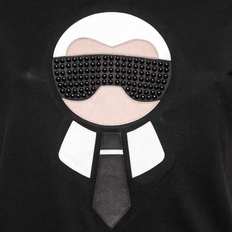 Pre Owned Fendi Black Cotton & Leather Karlito Appliqued Short Sleeve T-Shirt M