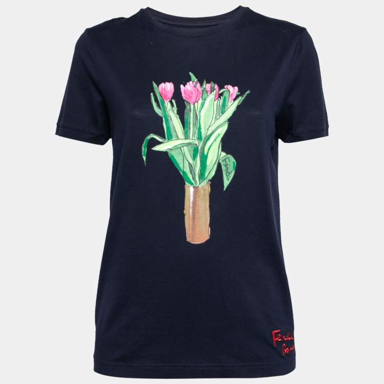 Pre Owned Fendi Navy Blue Cotton Bouquet Printed Short Sleeve T-Shirt S