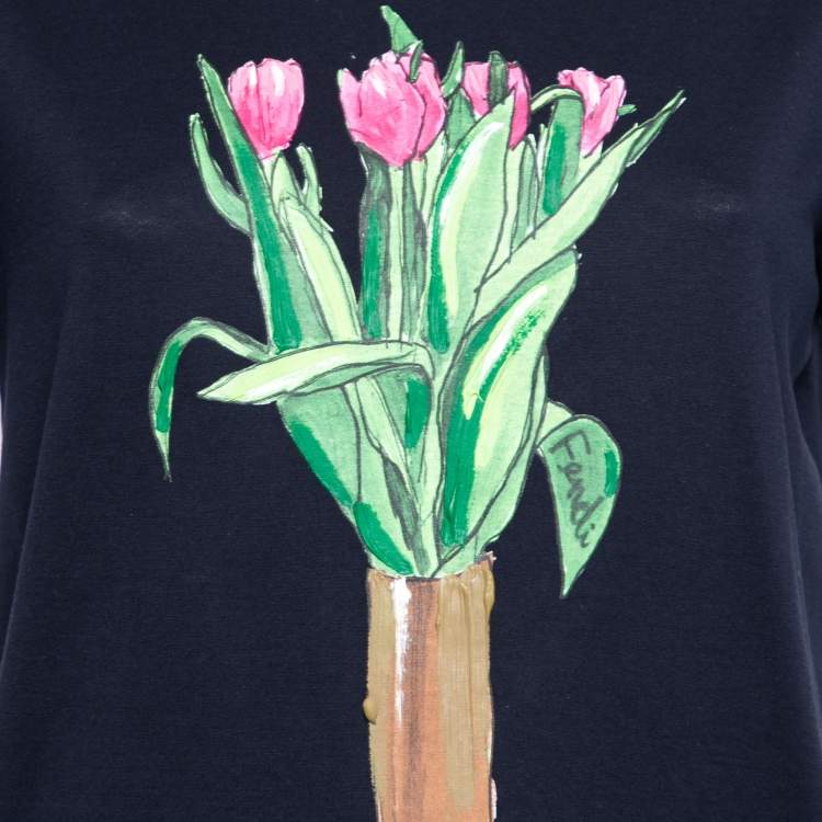 Pre Owned Fendi Navy Blue Cotton Bouquet Printed Short Sleeve T-Shirt S