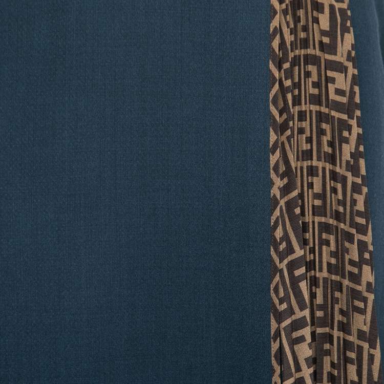 Pre Owned Fendi Blue Wool FF Pleated Inlay Midi Skirt XS
