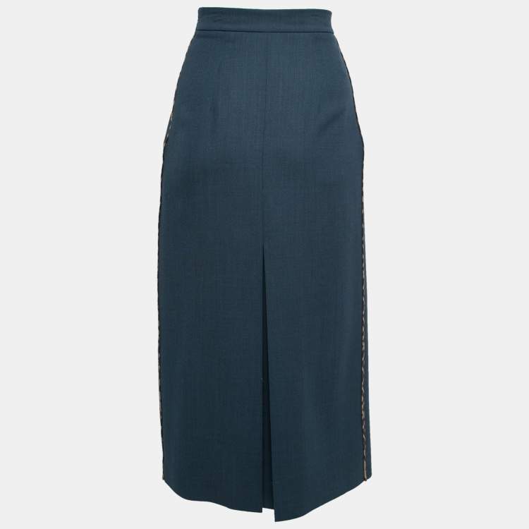Pre Owned Fendi Blue Wool FF Pleated Inlay Midi Skirt XS