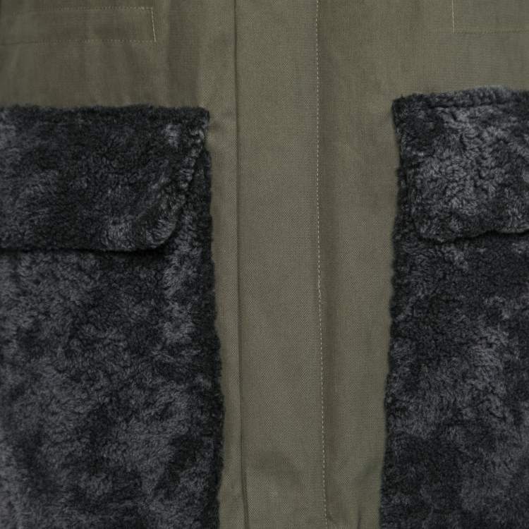 Pre Owned Fendi Olive Green Cotton Shearling Trimmed Long Sleeve Zipped Jacket L
