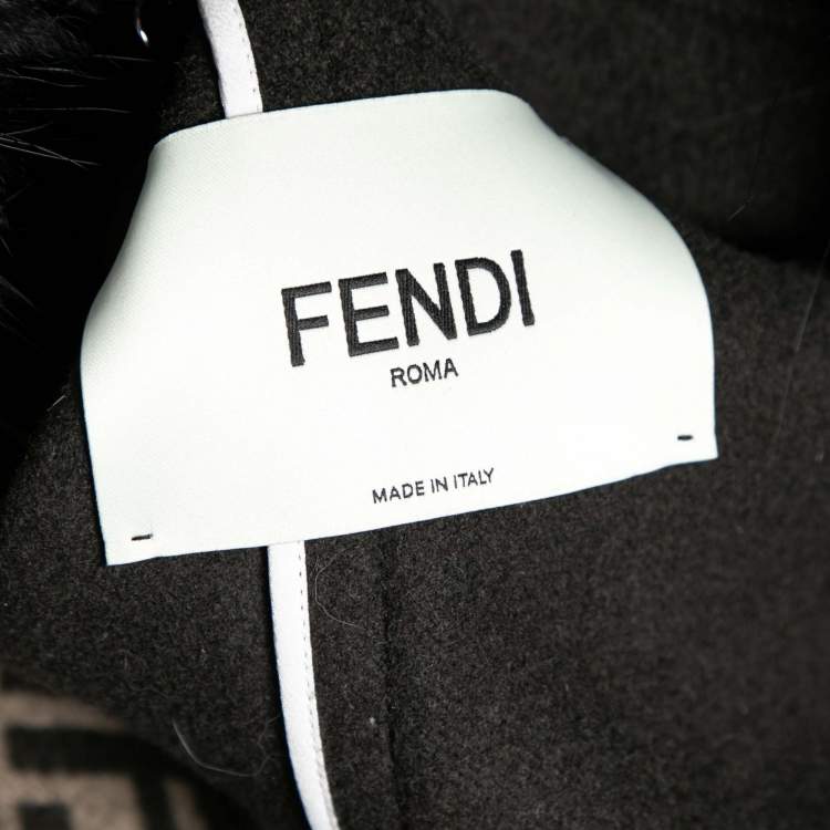 Pre Owned Fendi Black and Brown Logo Print Wool Fur Trim Coat XS