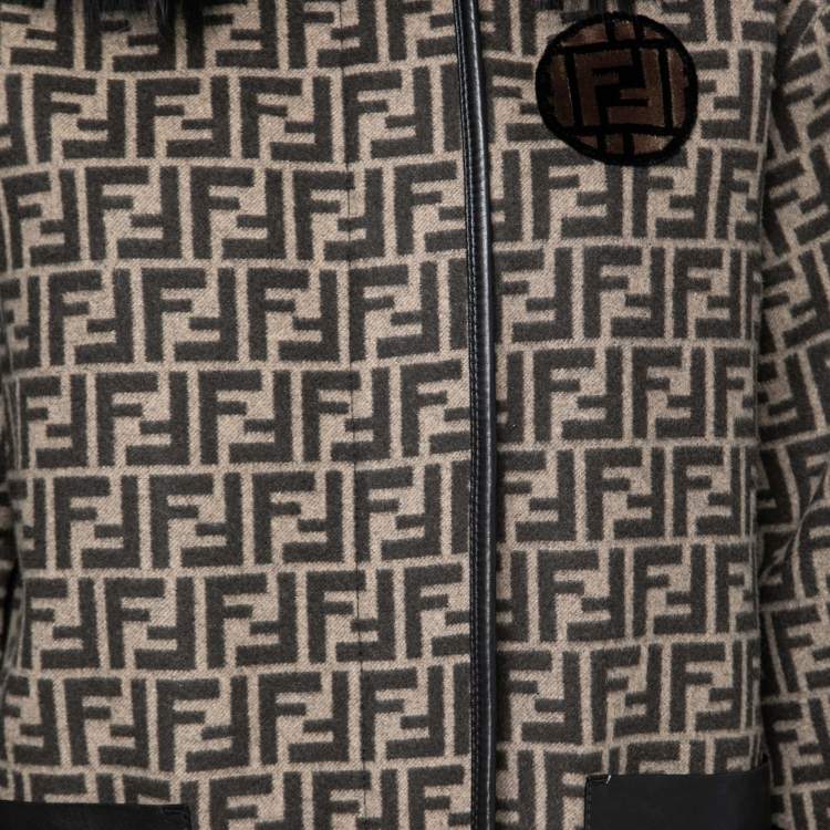 Pre Owned Fendi Black and Brown Logo Print Wool Fur Trim Coat XS