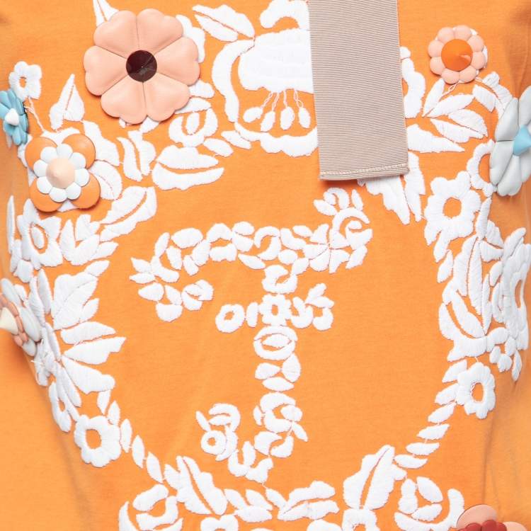 Pre Owned Fendi Orange Cotton Floral Embroidered Applique Detail Short Sleeve T-Shirt S 