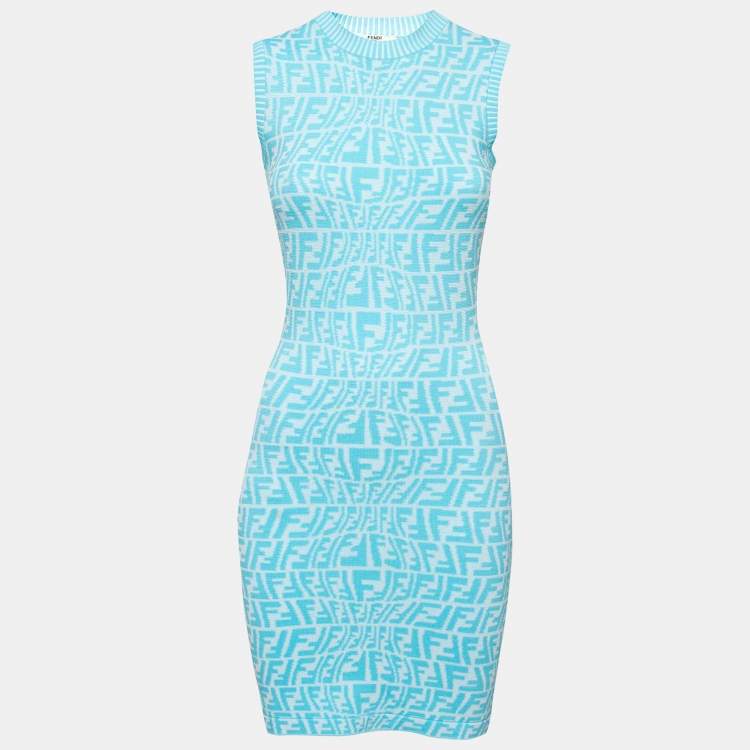 Pre Owned Fendi Blue and White FF Fish Eye Motif Knit Dress S