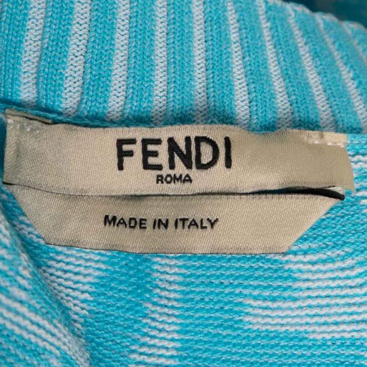 Pre Owned Fendi Blue and White FF Fish Eye Motif Knit Dress S