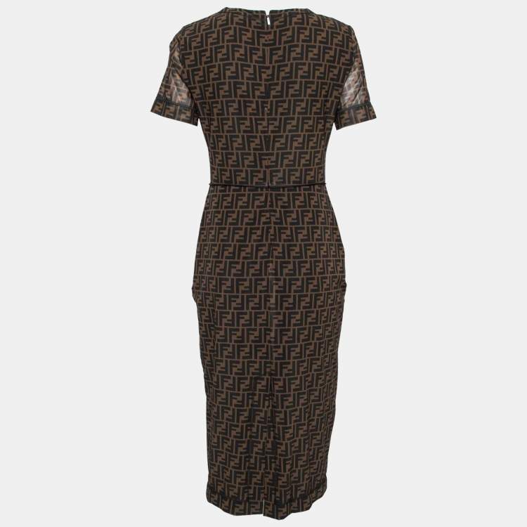 Pre Owned Fendi Brown Zucca Monogram Mesh Sheath Dress M