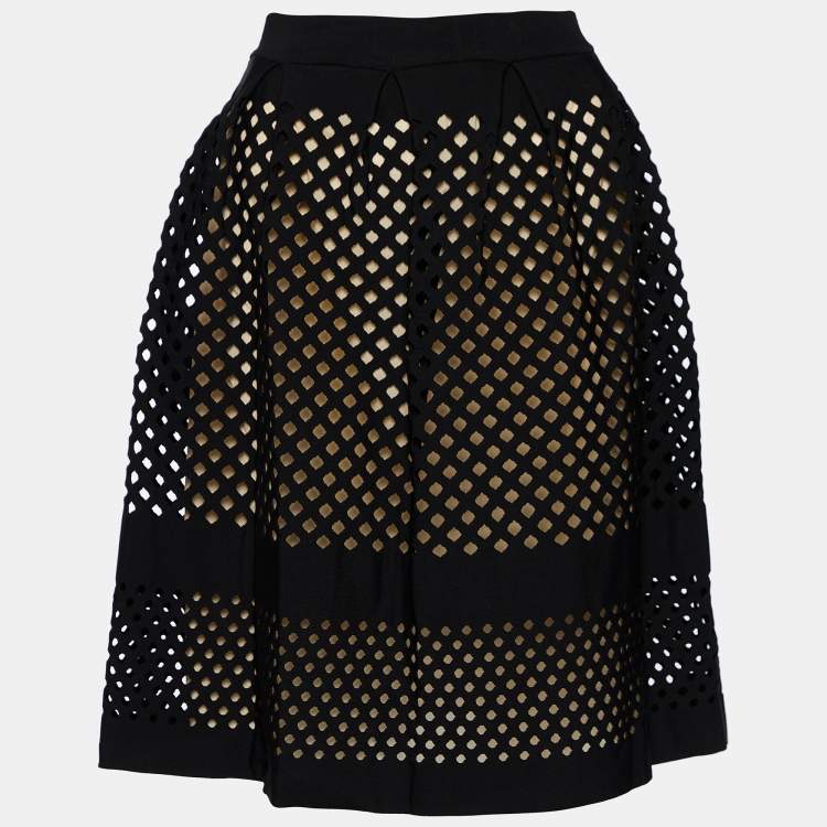 Pre Owned Fendi Black Cutout Knit Pleated Knee Length Skirt M