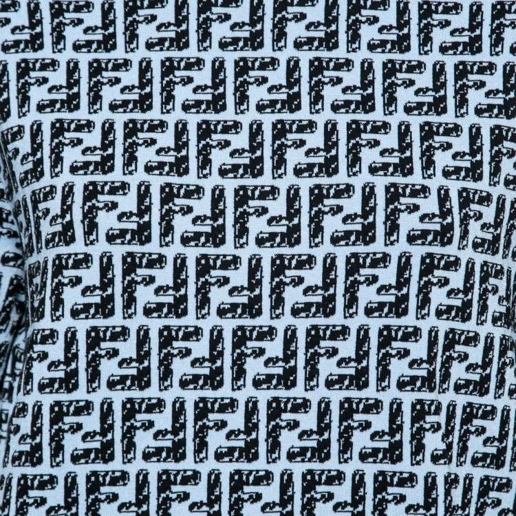 Pre Owned Fendi Blue Embroidered Logo Pattern Knit Short Sleeve Top L 