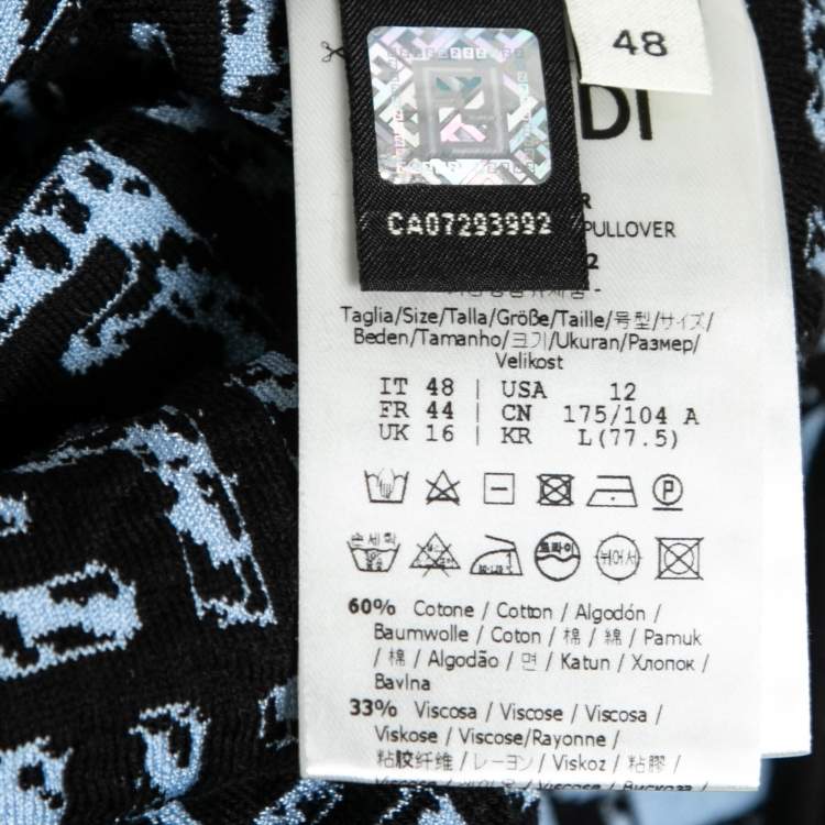 Pre Owned Fendi Blue Embroidered Logo Pattern Knit Short Sleeve Top L 