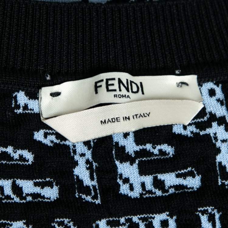 Pre Owned Fendi Blue Embroidered Logo Pattern Knit Short Sleeve Top L 