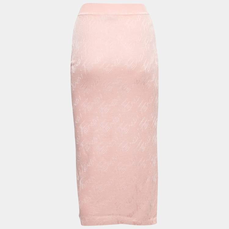 Pre Owned Fendi Pink Logo Jacquard Knit Midi Skirt S