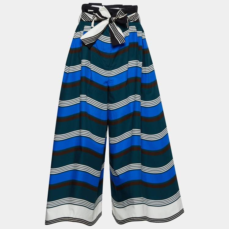 Pre Owned Fendi Multicolor Wave Print Cotton Belted Wide Leg Trousers S