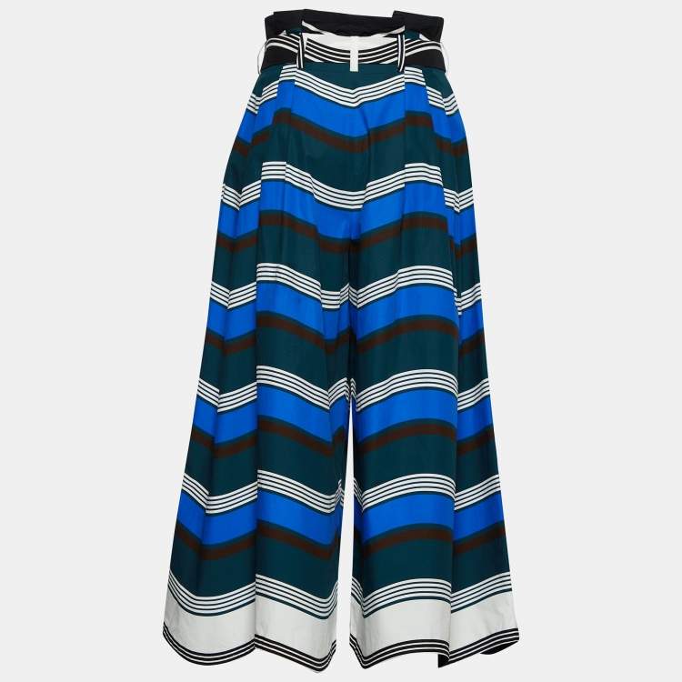 Pre Owned Fendi Multicolor Wave Print Cotton Belted Wide Leg Trousers S
