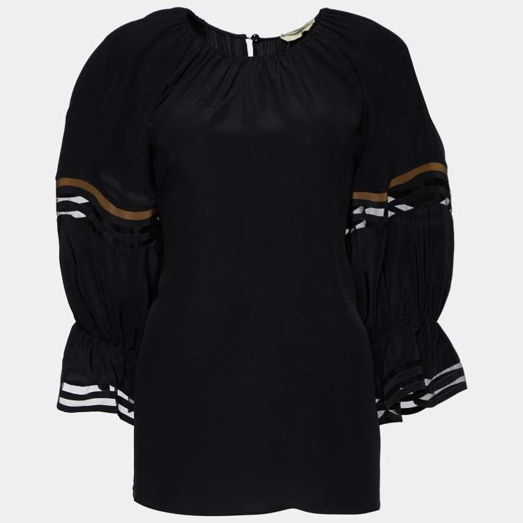 Pre Owned Fendi Black Silk Ruffled Sleeve Blouse M