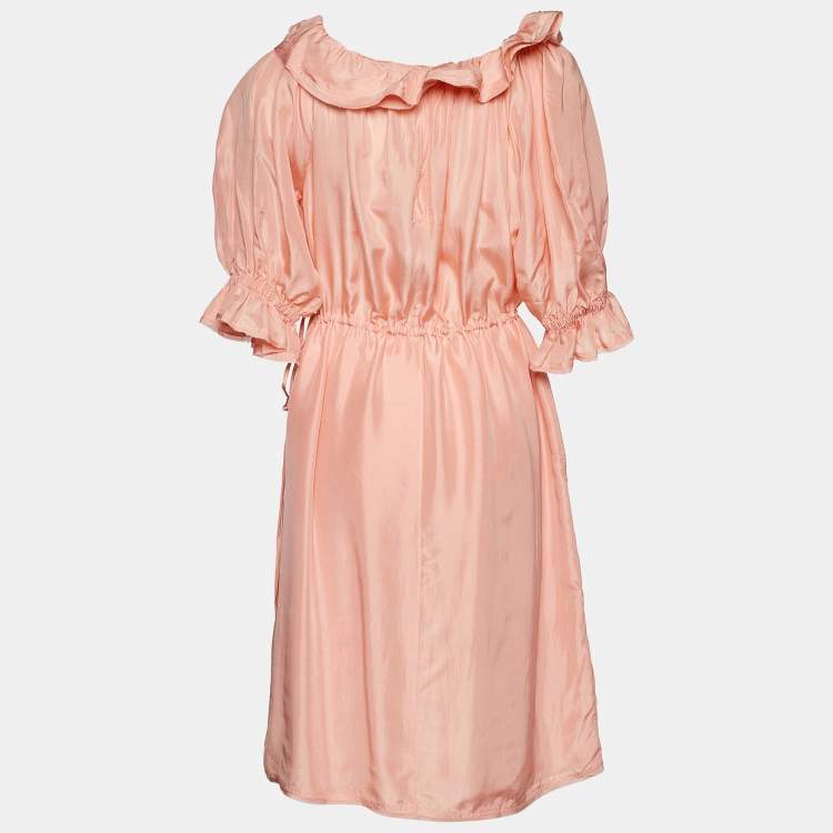 Pre Owned Fendi Pink Silk Ruffled Knee-Length Dress M