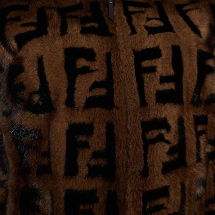 Pre Owned Fendi Brown Logo Monogram Knit Mink Detail Bomber Jacket S
