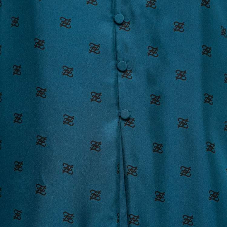 Pre Owned Fendi Dark Blue Karligraphy Print Silk Midi Skirt & Top Set M