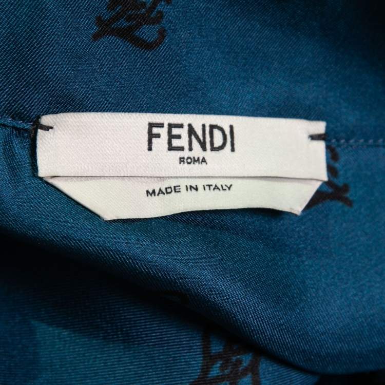 Pre Owned Fendi Dark Blue Karligraphy Print Silk Midi Skirt & Top Set M