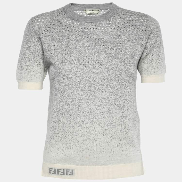 Pre Owned Fendi Grey Gradient Perforated Cashmere Knit Pullover Top S