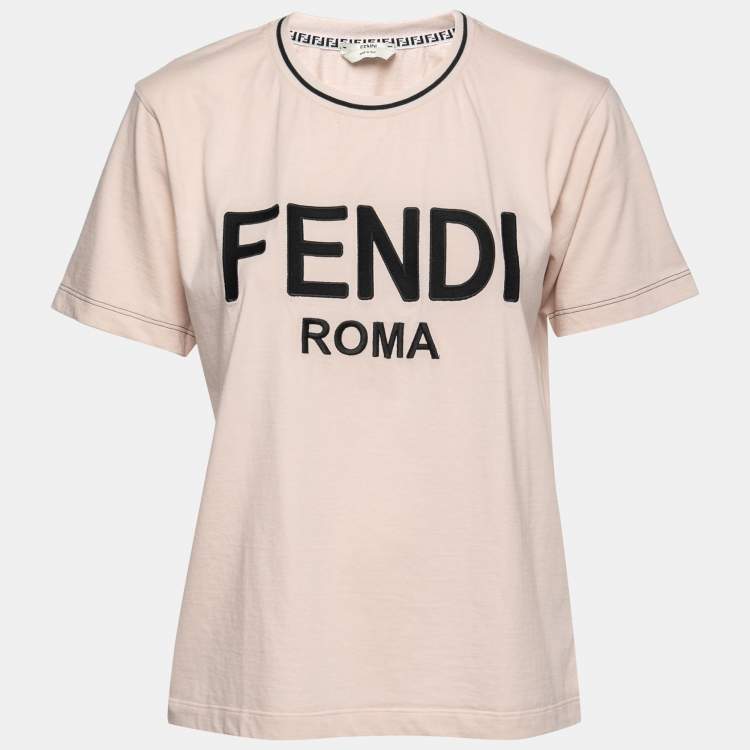 Pre Owned Fendi Pink Logo-Embroidered Cotton Crewneck T-Shirt L