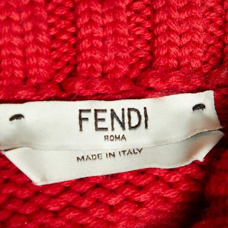 Pre Owned Fendi Red Intarsia Logo Fleece Wool Turtle Neck Sweater S