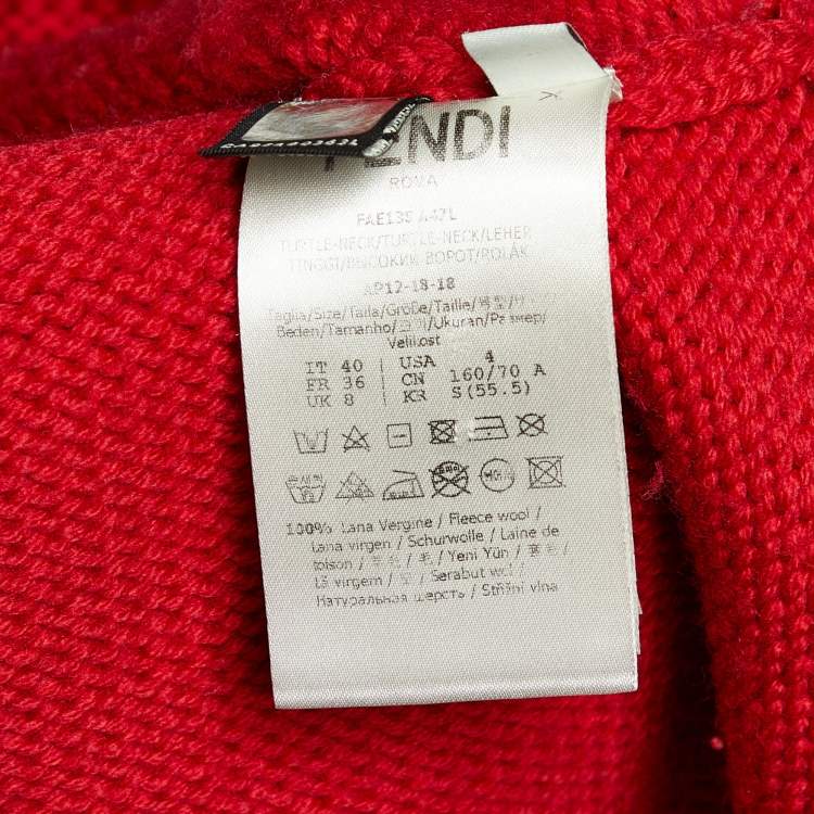 Pre Owned Fendi Red Intarsia Logo Fleece Wool Turtle Neck Sweater S