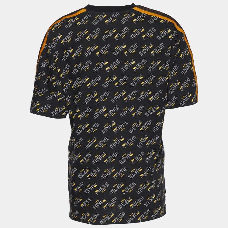 Pre Owned Fendi Black Logo Printed & Appliqued Cotton Crew Neck T-Shirt M