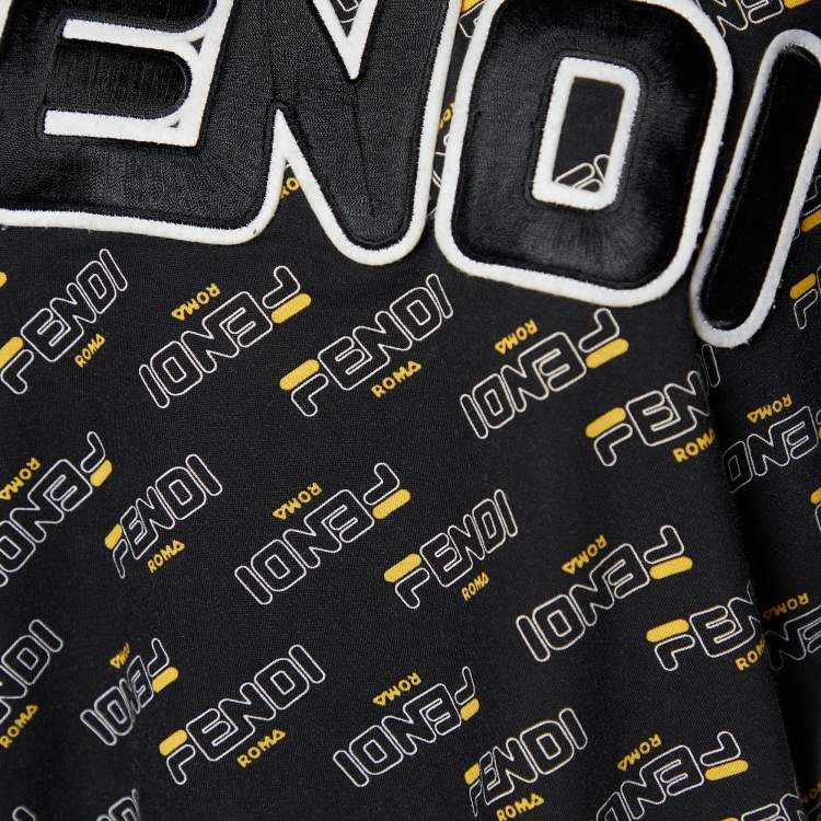 Pre Owned Fendi Black Logo Printed & Appliqued Cotton Crew Neck T-Shirt M