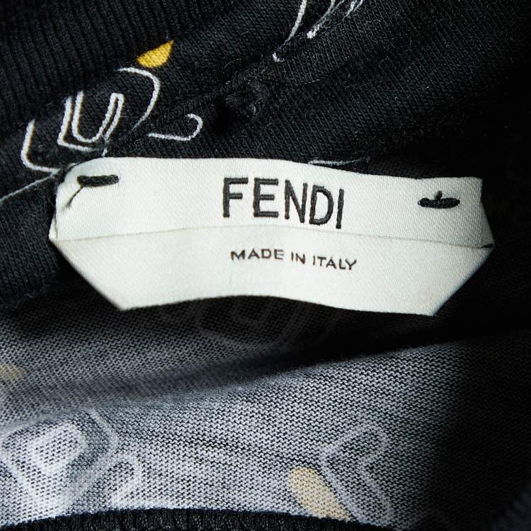 Pre Owned Fendi Black Logo Printed & Appliqued Cotton Crew Neck T-Shirt M