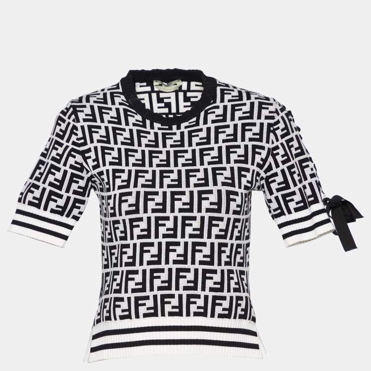 Pre Owned Fendi Monochrome Logomania Intarsia Knit Round Neck Top S