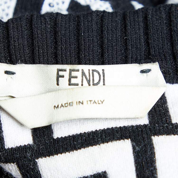 Pre Owned Fendi Monochrome Logomania Intarsia Knit Round Neck Top S